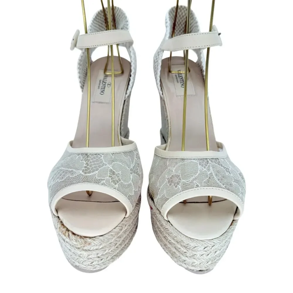 VALENTINO GARAVANI Mesh Lace Leather Espadrille Wedge EU 39 US 9 Platform Sandal